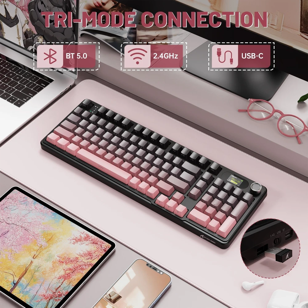 Mechaninė žaidimų klaviatūra Attack Shark X98PRO Blackberry Blueberry switch RGB - 2.4G + BT + su laidu 98 mygtukai
