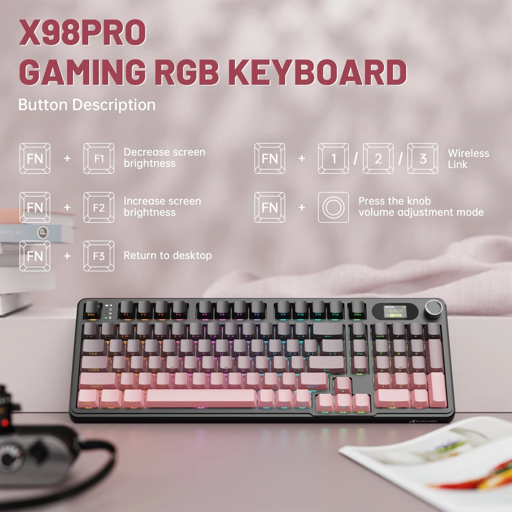 Mechaninė žaidimų klaviatūra Attack Shark X98PRO Blackberry Blueberry switch RGB - 2.4G + BT + su laidu 98 mygtukai
