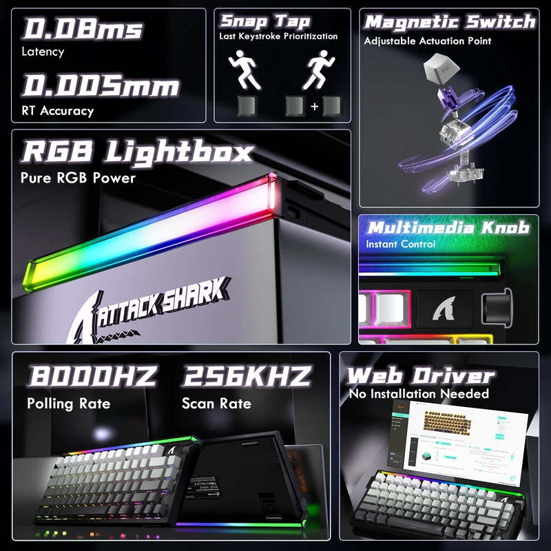 Mechaninė žaidimų klaviatūra Attack Shark R85HE Moonlight juodas, laidinė, RGB apšvietimas