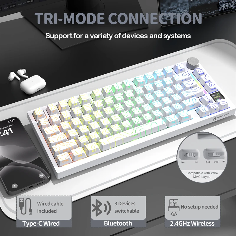 Mechaninė žaidimų klaviatūra Attack Shark X820 Ultra Baltas Contour line RGB LED TFT ekranas