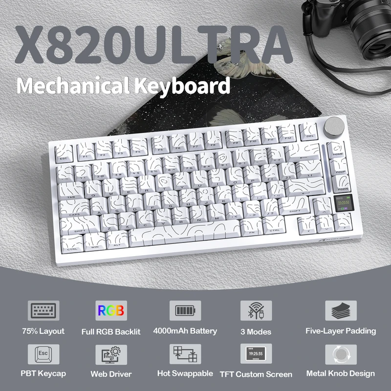 Mechaninė žaidimų klaviatūra Attack Shark X820 Ultra Baltas Contour line RGB LED TFT ekranas