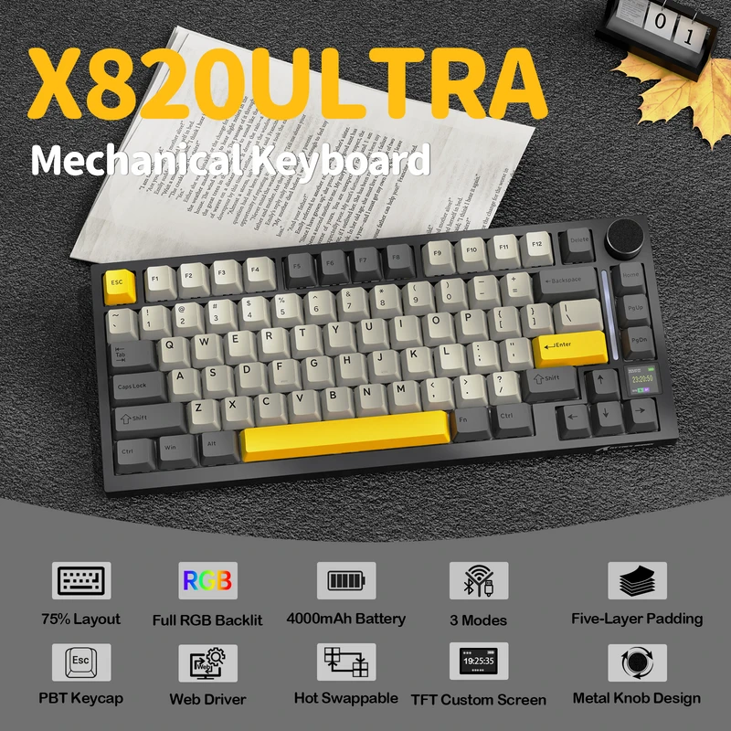 Mechaninė žaidimų klaviatūra Attack Shark X820 Ultra Star Juodas / Juoda RGB LED TFT ekranas