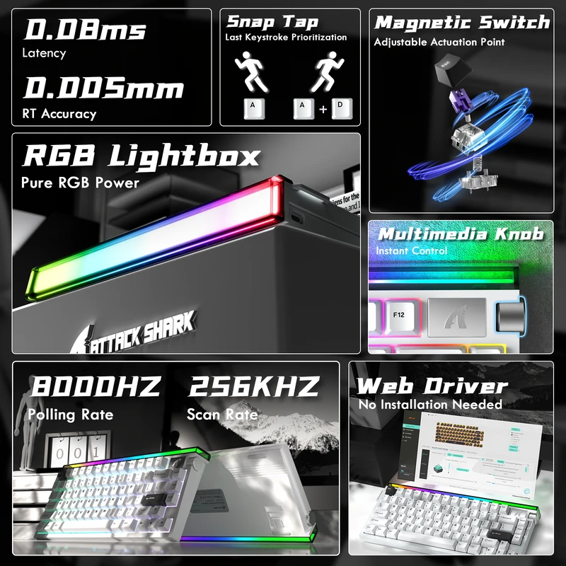 Mechaninė žaidimų klaviatūra Attack Shark R85HE StarLight baltas . laidinė. RGB apšvietimas