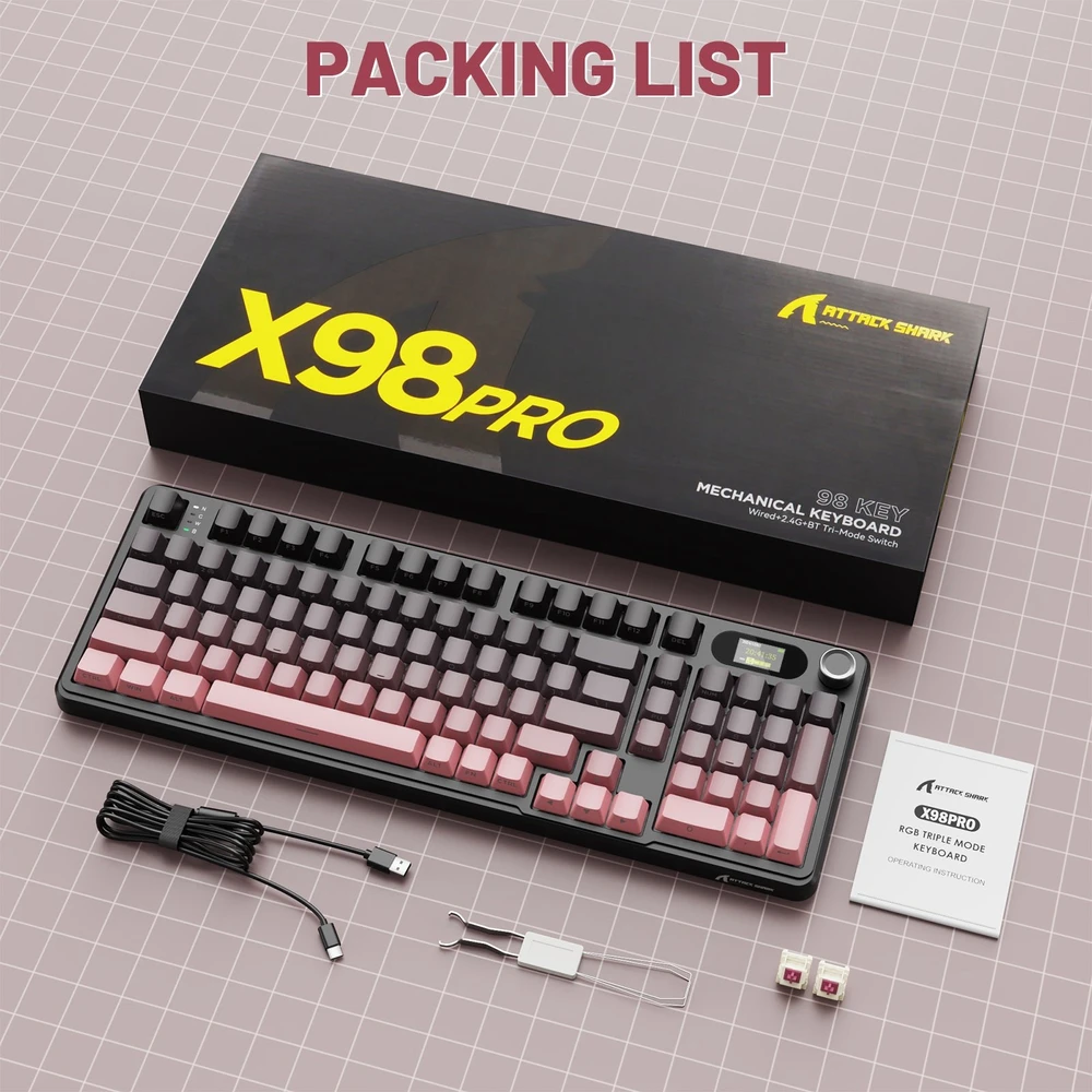 Mechaninė žaidimų klaviatūra Attack Shark X98PRO Blackberry Blueberry switch RGB - 2.4G + BT + su laidu 98 mygtukai