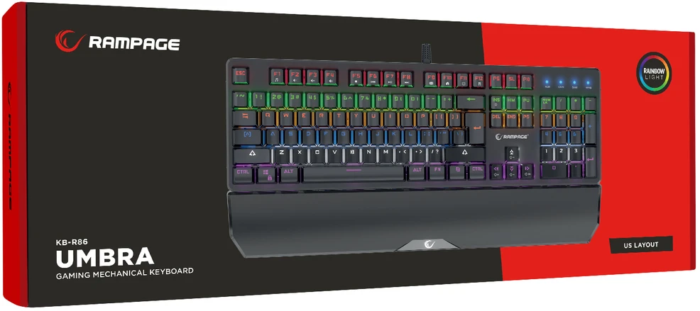 Klaviatūra žaidimams Rampage Umbra KB-R86 Kaicheng Raudona su laidu mechaninė su pašvietimu juoda