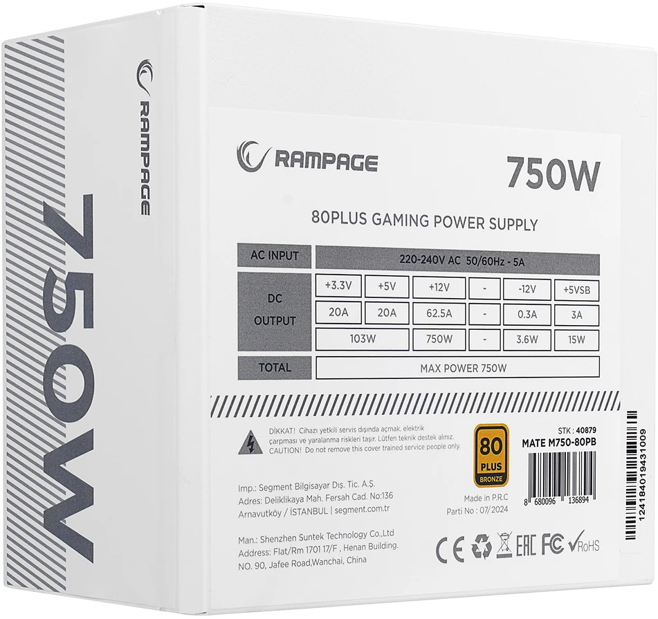 Modulinis maitinimo šaltinis Rampage Mate M750-80PB 750W 12cm Fan. 80 Plus Bronze. Active PFC. Full Modular. Baltas