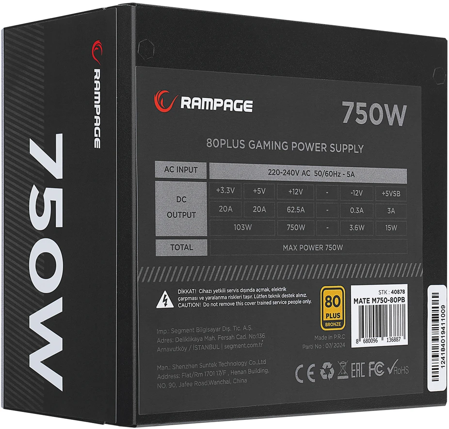 Modulinis maitinimo šaltinis Rampage MATE M750-80PB 750W 12cm Fan. 80 Plus Bronze. Active PFC. Full Modular. juodas