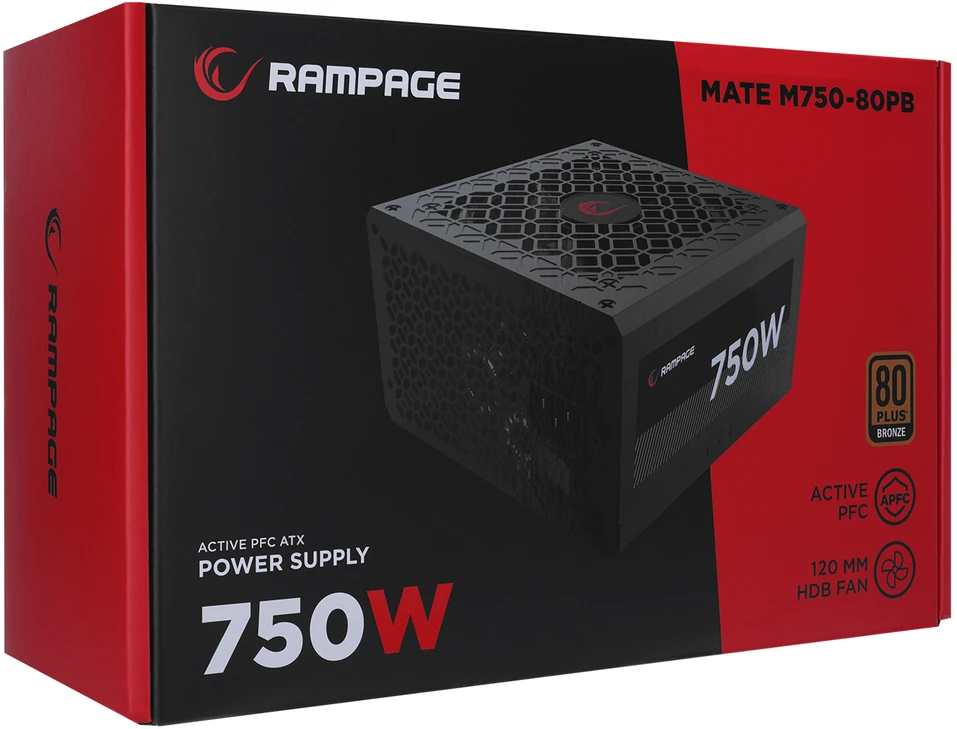 Modulinis maitinimo šaltinis Rampage MATE M750-80PB 750W 12cm Fan. 80 Plus Bronze. Active PFC. Full Modular. juodas
