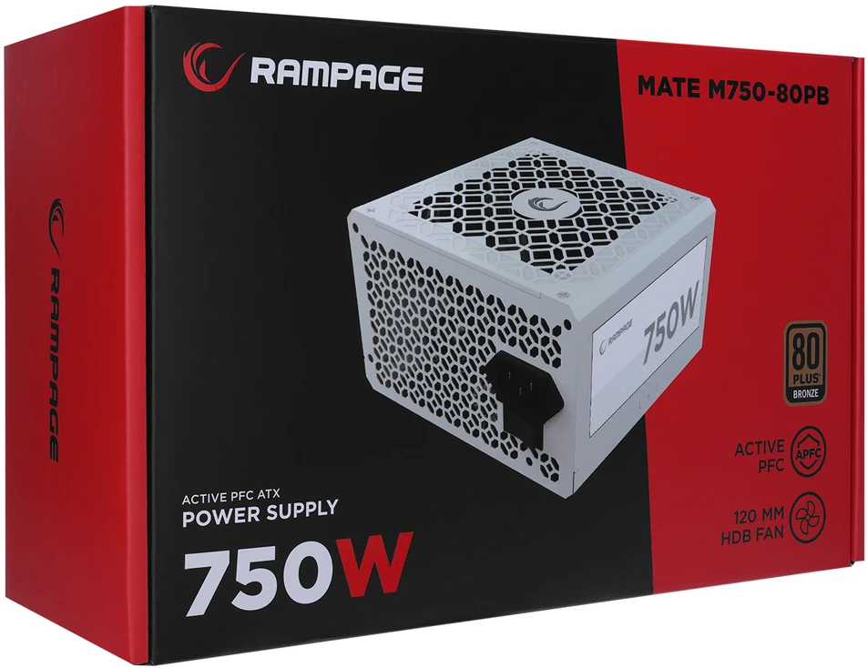 Modulinis maitinimo šaltinis Rampage Mate M750-80PB 750W 12cm Fan. 80 Plus Bronze. Active PFC. Full Modular. Baltas