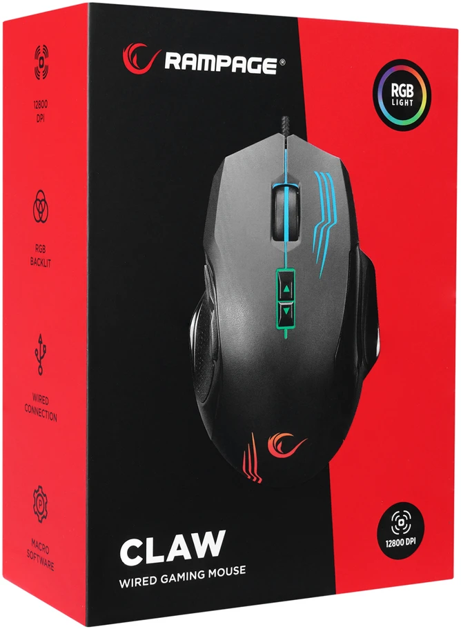 Pelė žaidimams Rampage SMX-G38 CLAW. USB. 8 klavišai. 7200 dpi. RGB LED. 2 nuimami magnetiniai šoniniai klavišai