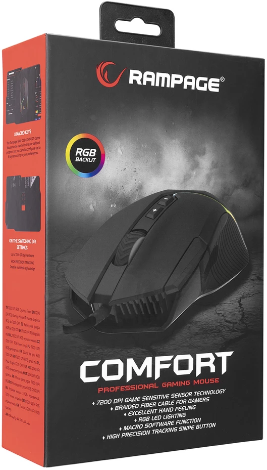 Pelė žaidimams Rampage SMX-G39 Comfort USB 8D+ Extra Shot Button 7200dpi. RGB LED. programuojama