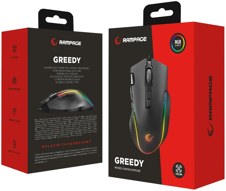 Pelė žaidimams Rampage SMX-G72 GREEDY. 8 klavišai. dvigubo paspaudimo ratukas. RGB apšvietimas. makro programuojama