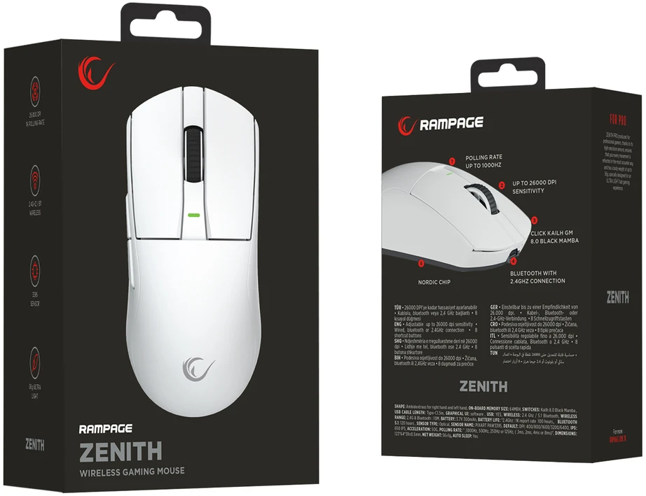 Pelė žaidimams Rampage Zenith. BT + USB + 2.4g. Paw3395. Nordic 52833 MCU. Balta