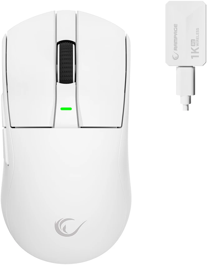 Pelė žaidimams Rampage Zenith. BT + USB + 2.4g. Paw3395. Nordic 52833 MCU. Balta