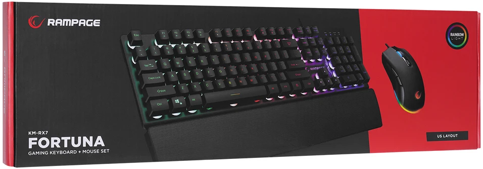 Pelės ir klaviatūros rinkinys Rampage KM-RX7 FORTUNA Rainbow RGB apšvietimas. pilno dydžio. 6400dpi pelė.