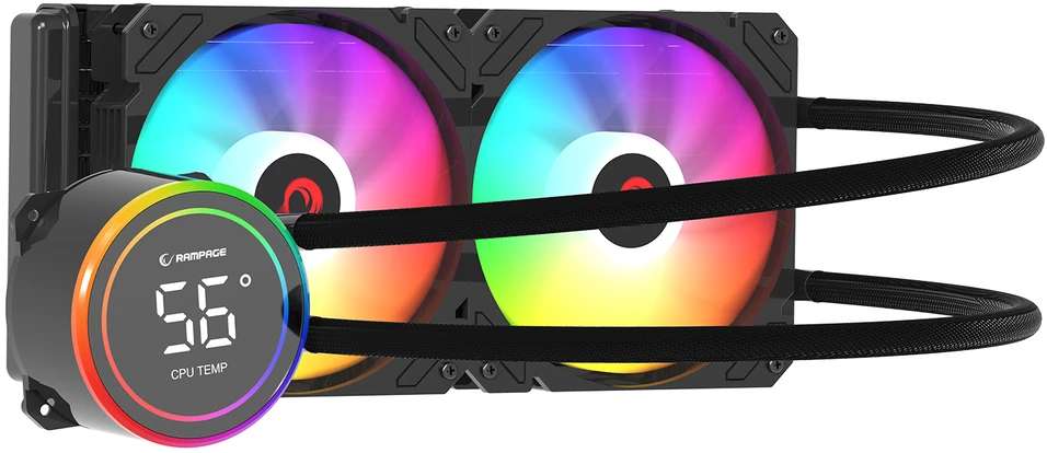 Rampage HELIOS C15 skysčiu aušinamas procesoriaus 12 cm aušintuvas su temperatūros rodmeniu. ARGB 240 mm. Intel LGA1700 / AMD AM5