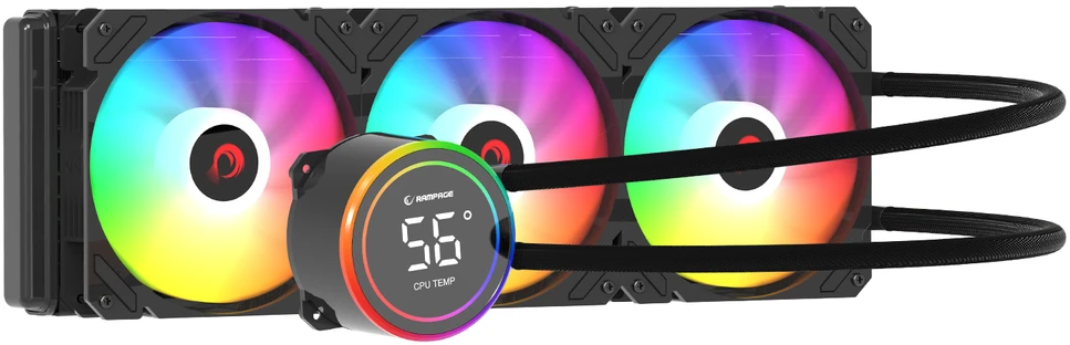 Rampage HELIOS C17 skysčiu aušinamas procesoriaus 12 cm aušintuvas su temperatūros rodmeniu. ARGB 360 mm. Intel LGA1700 / AMD AM5