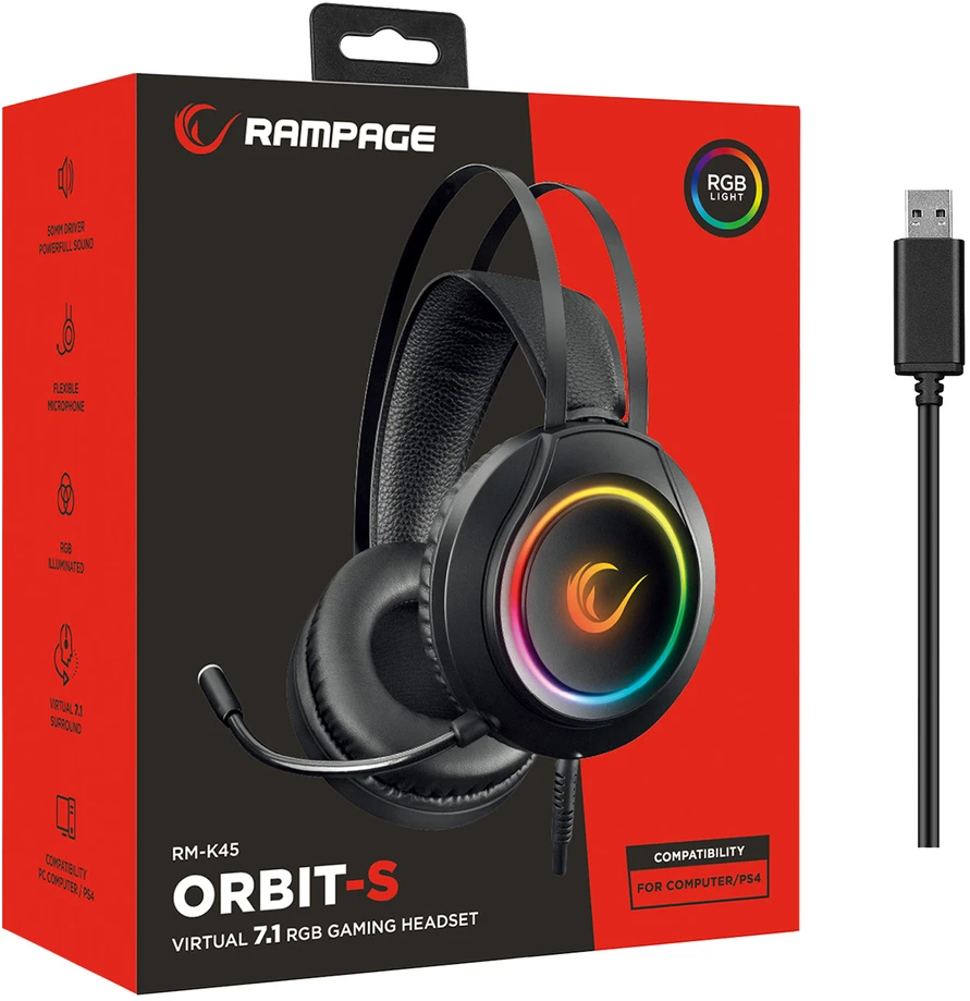 Rampage RM-K45 ORBIT-S juodos RGB LED 7.1 žaidimų ausinės su reguliuojamu mikrofonu