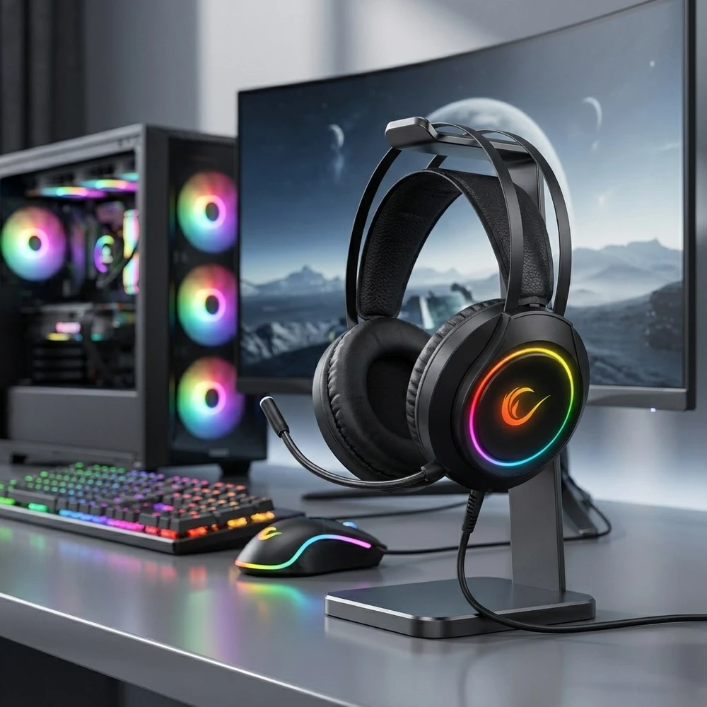Rampage RM-K45 ORBIT-S juodos RGB LED 7.1 žaidimų ausinės su reguliuojamu mikrofonu