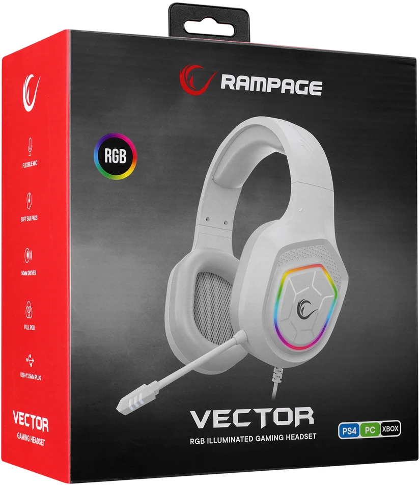 Rampage RM-K90 VECTOR baltos RGB LED žaidimų ausinės su mikrofonu ir garso reguliavimu ant ausinių. lankstus mikrofonas