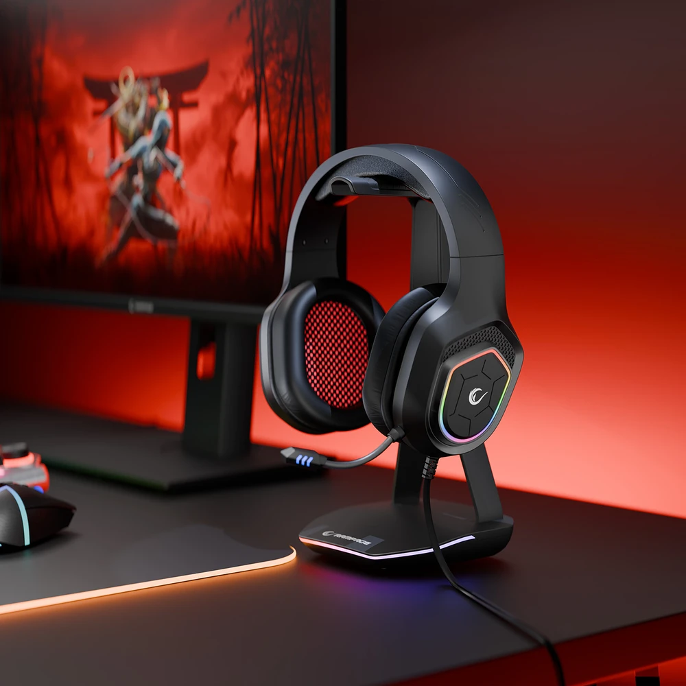 Rampage RM-K90 Vector juodos RGB LED žaidimų ausinės su mikrofonu 3.5mm