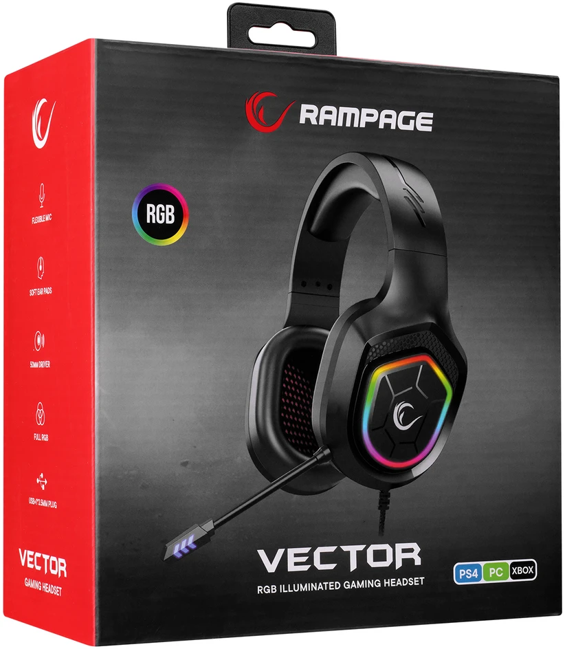 Rampage RM-K90 Vector juodos RGB LED žaidimų ausinės su mikrofonu 3.5mm