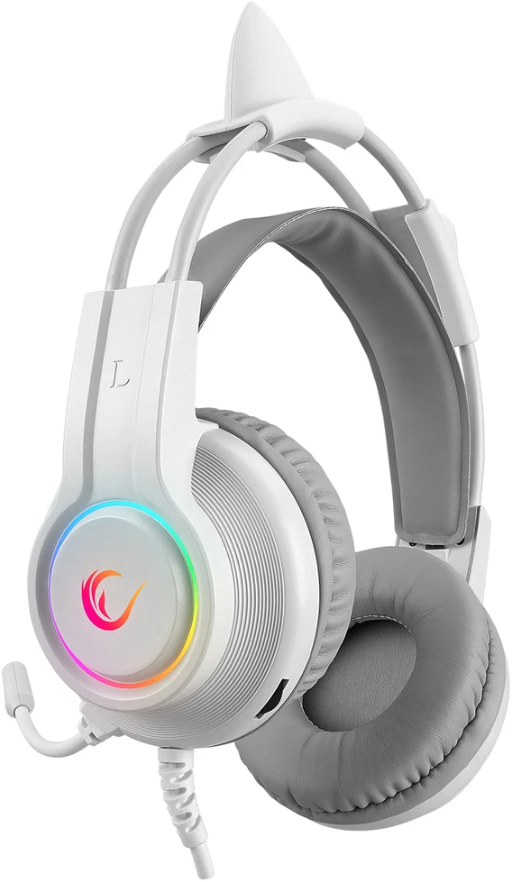 Rampage RM-K91 X-CATTY baltos spalvos žaidimų ausinės su mikrofonu, USB jungtimi, 7.1 virtualiu erdviniu garsu ir RGB apšvietimu