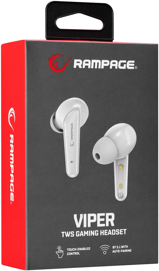 Rampage RM-TWS01G VIPER baltos. Bluetooth TWS“ žaidimų ausinės su mikrofonu
