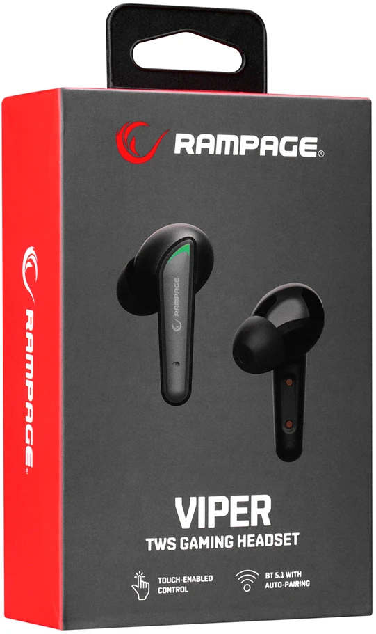Rampage RM-TWS01G VIPER juodos „Bluetooth TWS“ žaidimų ausinės su mikrofonu