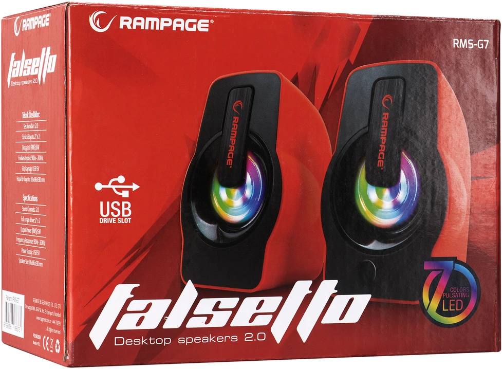 Kompiuterio kolonėlės RAMPAGE RMS-G7 FALSETTO 2.0 RGB USB žaidimų kolonėlės (raudona)
