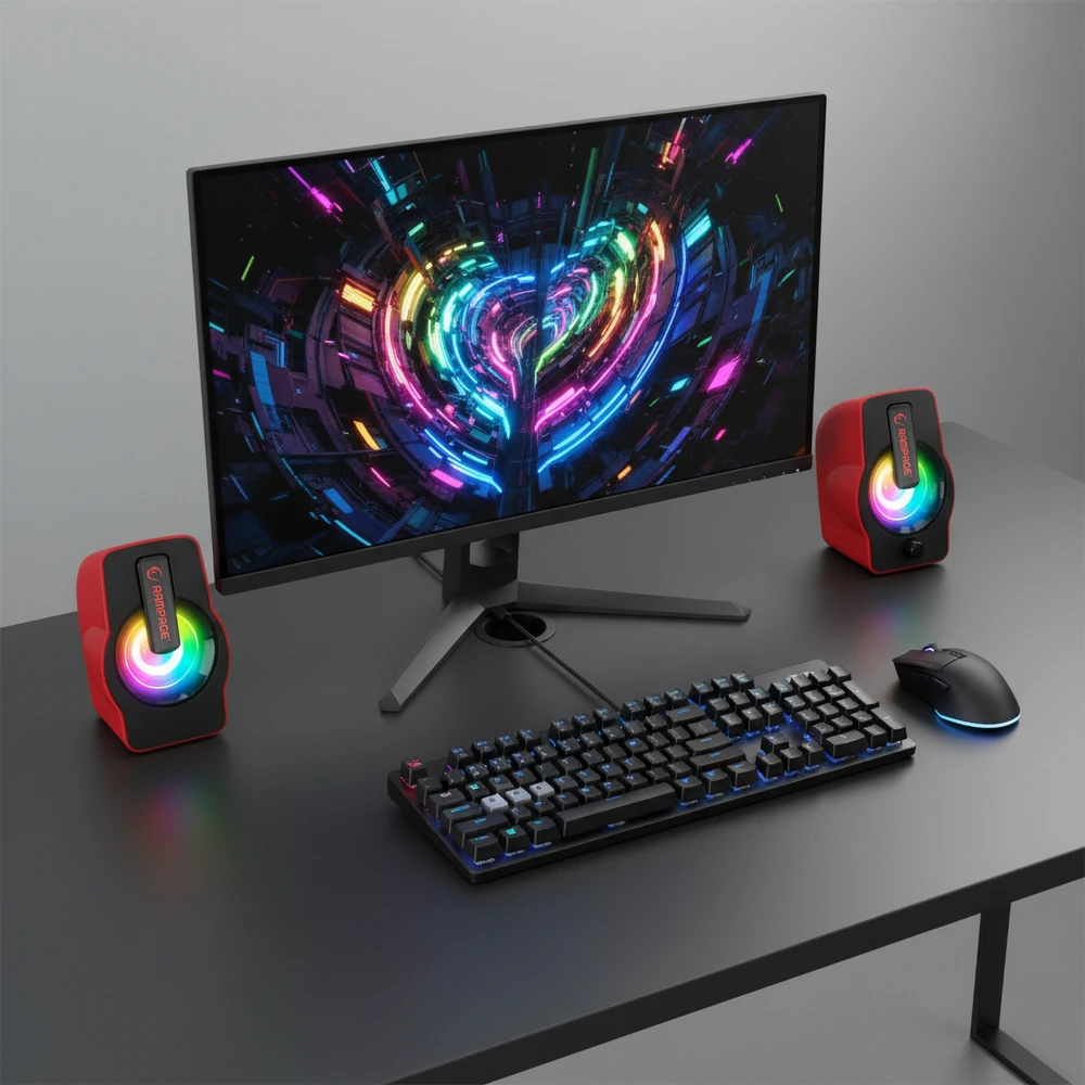 Kompiuterio kolonėlės RAMPAGE RMS-G7 FALSETTO 2.0 RGB USB žaidimų kolonėlės (raudona)