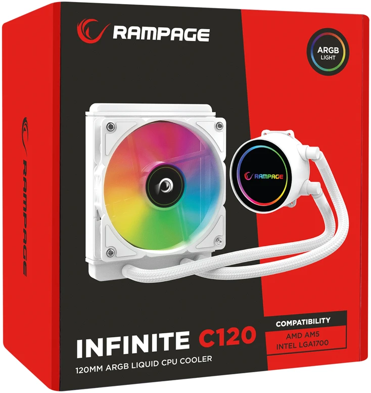 Skysčiu aušinimas ventiliatorius Rampage INFINITE C120. Baltas ARGB. Intel LGA1700/AMD AM5. tinkamas 120mm