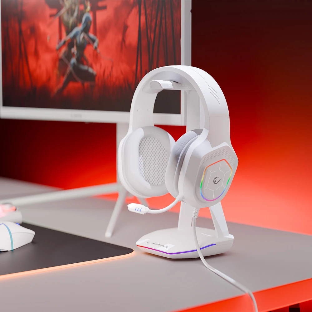 Žaidimų ausinės Rampage RM-K90 VECTOR, Baltos su RGB Led, USB type-C, su mikrofonu