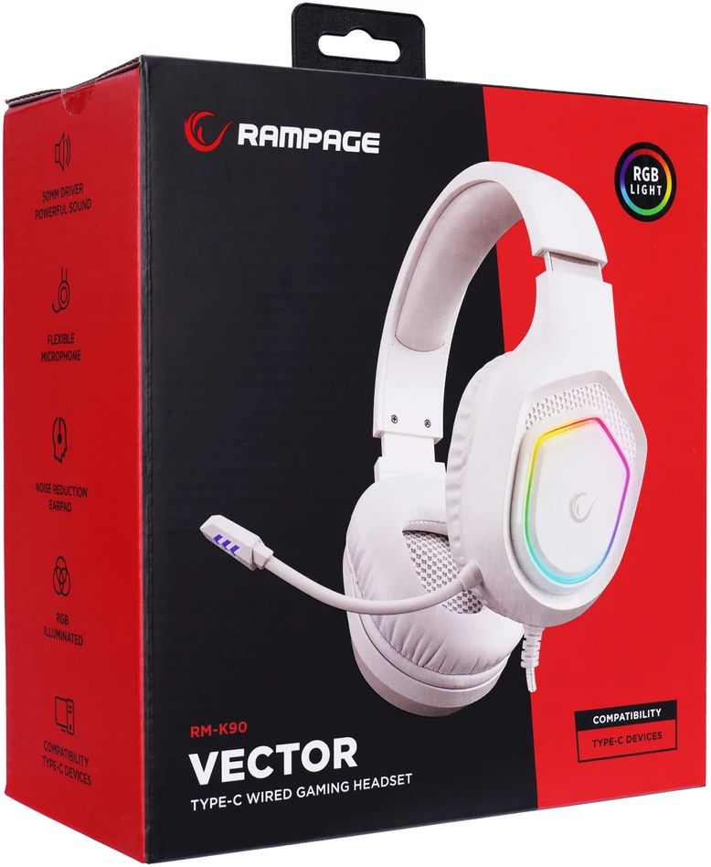 Žaidimų ausinės Rampage RM-K90 VECTOR, Baltos su RGB Led, USB type-C, su mikrofonu