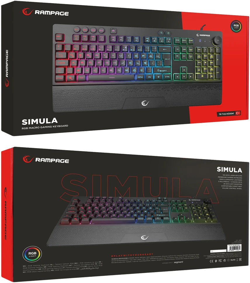 Klaviatūra žaidimams Rampage Simula su laidu membraninė su pašvietimu juoda