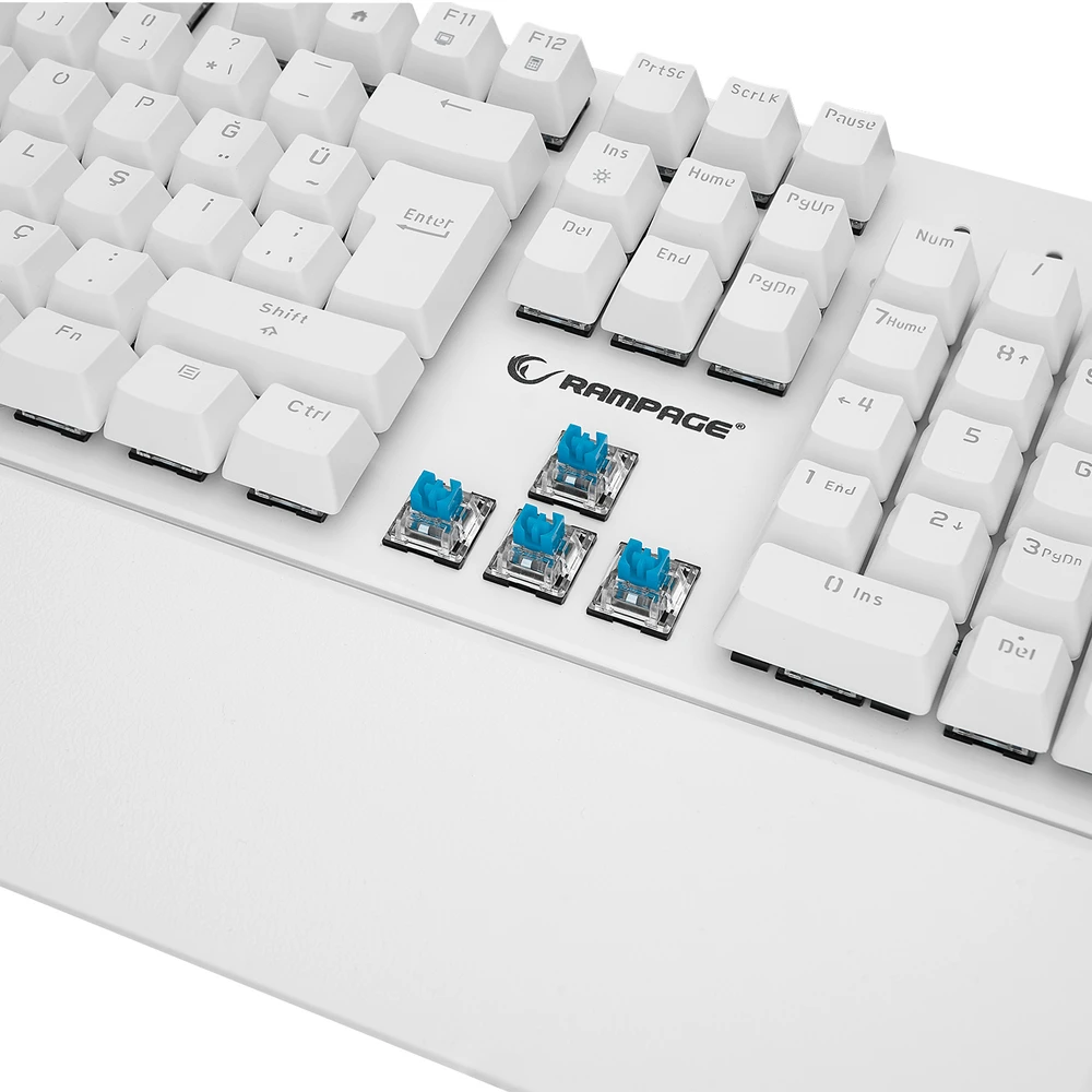 Žaidimų klaviatūra Rampage KB-R86 UMBRA. Balta. USB. RGB Rainbow pašvietimas. mėlyni mygtukai. mechaninė