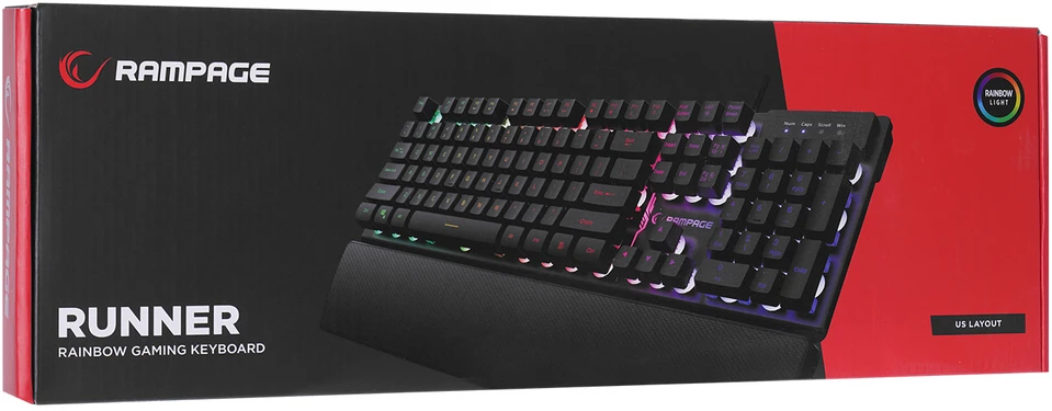 Žaidimų klaviatūra Rampage KB-RX77 RUNNER. juoda. Rainbow RGB apšvietimas. riešo atrama. USB