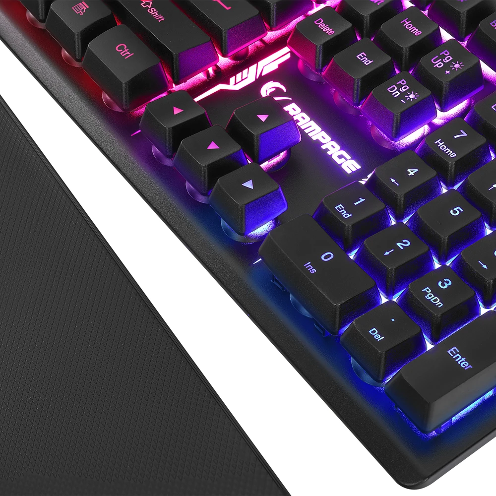 Žaidimų klaviatūra Rampage KB-RX77 RUNNER. juoda. Rainbow RGB apšvietimas. riešo atrama. USB