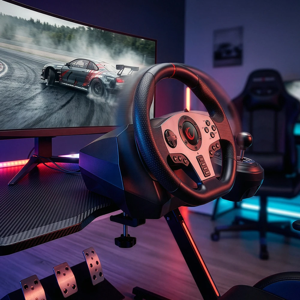 Žaidimų vairas RAMPAGE V902 PC. 3 pedalai - Rankinis bėgių perjungimas