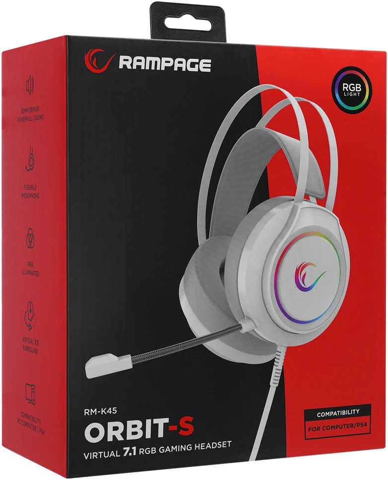 Žainimų ausinės Rampage RM-K45 ORBIT-S. Baltos su RGB Led. su mikrofonu. 7.1