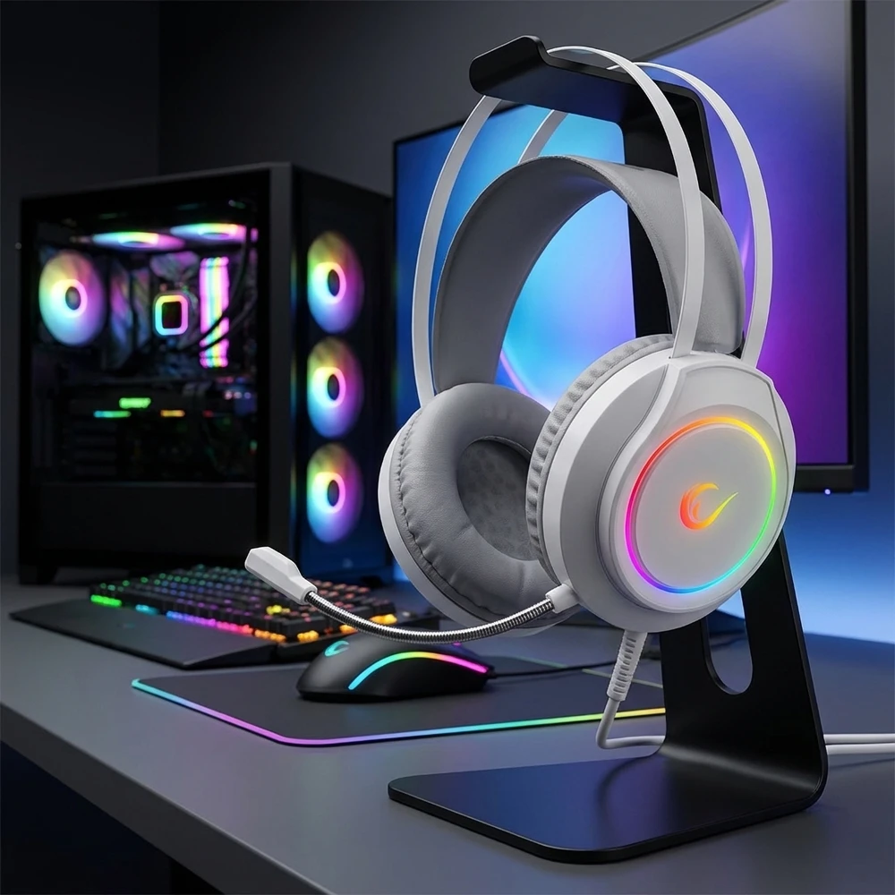 Žainimų ausinės Rampage RM-K45 ORBIT-S. Baltos su RGB Led. su mikrofonu. 7.1