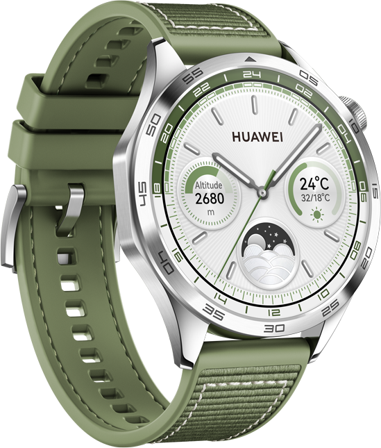 Išmanusis laikrodis Huawei Watch GT 4 Active (46 mm), Nerūdijančio plieno korpusas su austu žalios spalvos kompoziciniu dirželiu