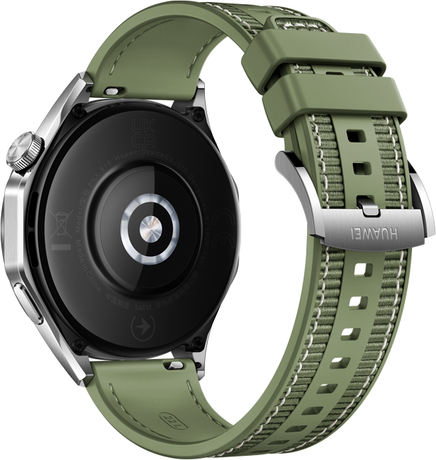 Išmanusis laikrodis Huawei Watch GT 4 Active (46 mm), Nerūdijančio plieno korpusas su austu žalios spalvos kompoziciniu dirželiu