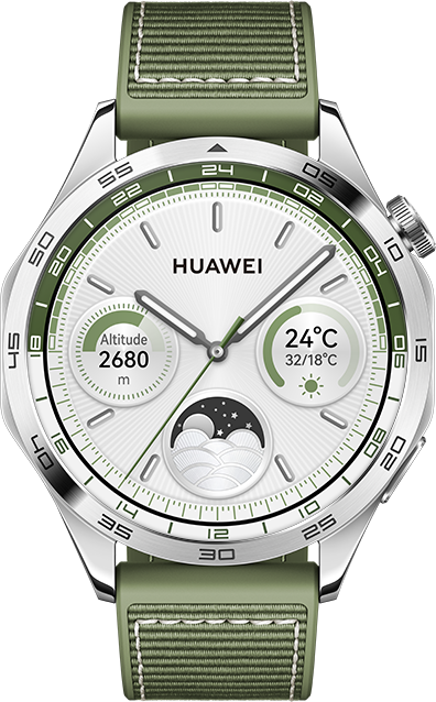 Išmanusis laikrodis Huawei Watch GT 4 Active (46 mm), Nerūdijančio plieno korpusas su austu žalios spalvos kompoziciniu dirželiu