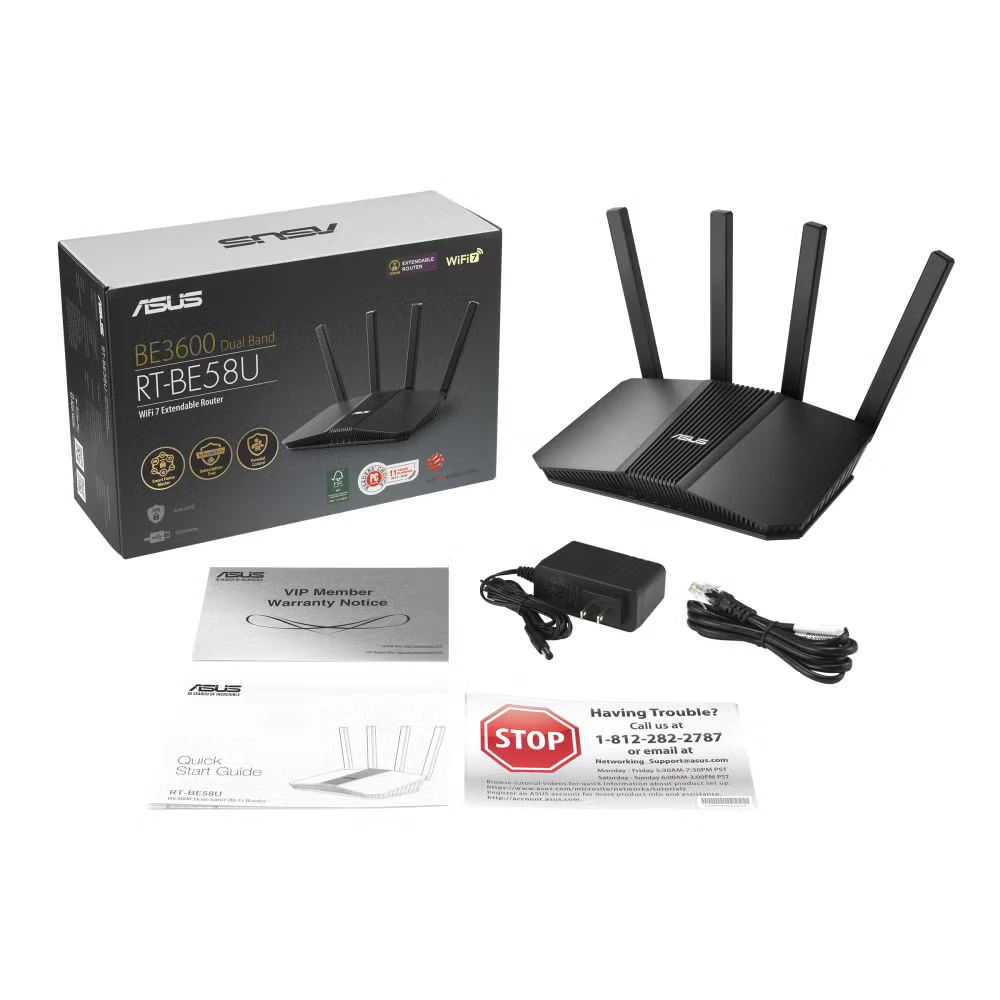 Maršrutizatorius ASUS RT-BE58U WiFi 7, BE3600, iki 3600 Mb/s, 2,5 GbE, AiMesh, MLO, 4 antenos