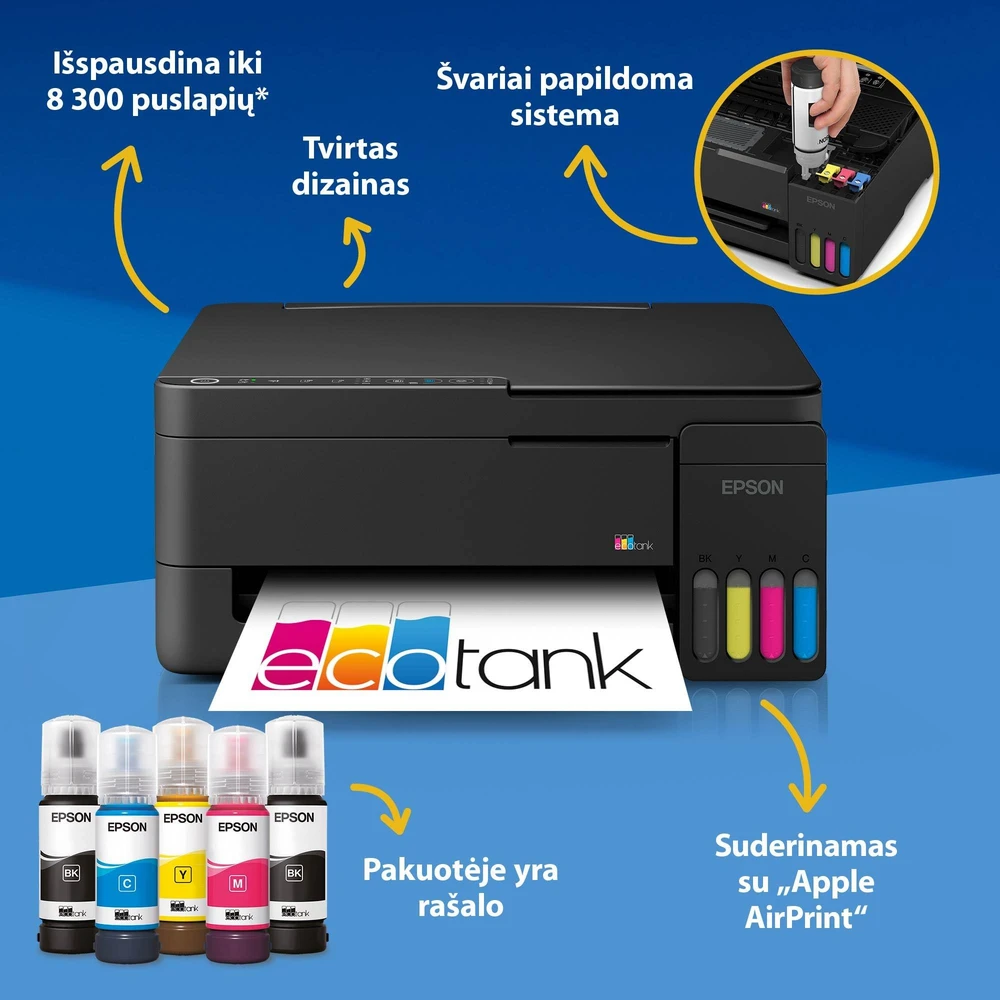 Daugiafunkcis rašalinis spausdintuvas Epson EcoTank L3351, A4, spalvotas, Wi-Fi, Wi-Fi Direct, AirPrint, juodas | C11CL62411