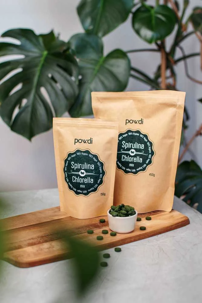 Powdi Spirulina ir Chlorella MIX tabletės, 150 g – dviejų dumblių derinys detoksikacijai, energijai ir imunitetui