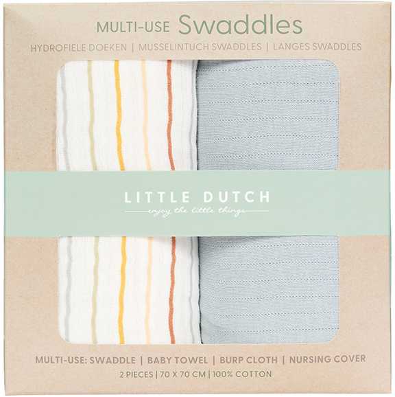 Little Dutch swaddles 70 x 70 ´Vintage Sunny Stripes &amp; Pure Soft Mėlyna´