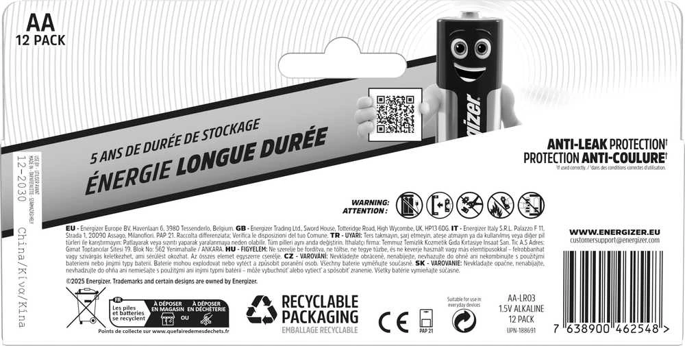 Energizer AA baterijų pakuotės nugarėlė su instrukcijomis