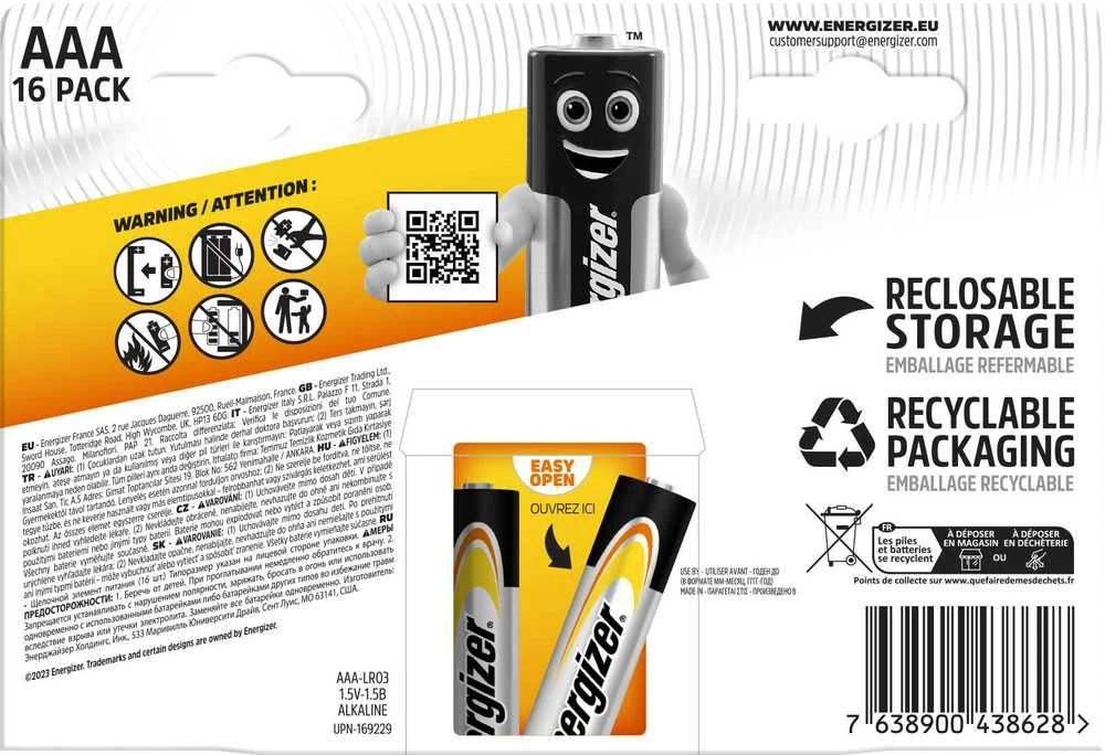 Energizer AAA baterijos, atidaroma techninė pakuotė
